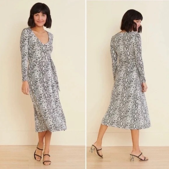 Good American Runaround Wrap Dress 2 Medium midi reptile snake neutral stretch - Picture 1 of 11